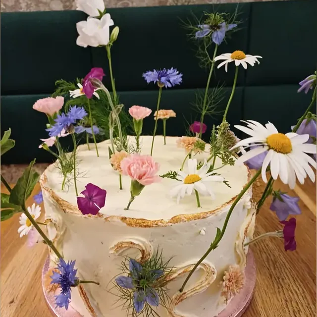 Torte mit essbaren Wiesenblumen wie Kornblumen und Margeriten vom Café am Markt in Jena